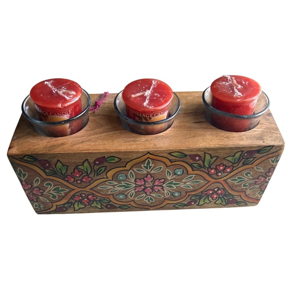 Handcrafted Jaipur In Bloom Wooden Votive Candle Holder With Floral Design - Picture 2 of 10